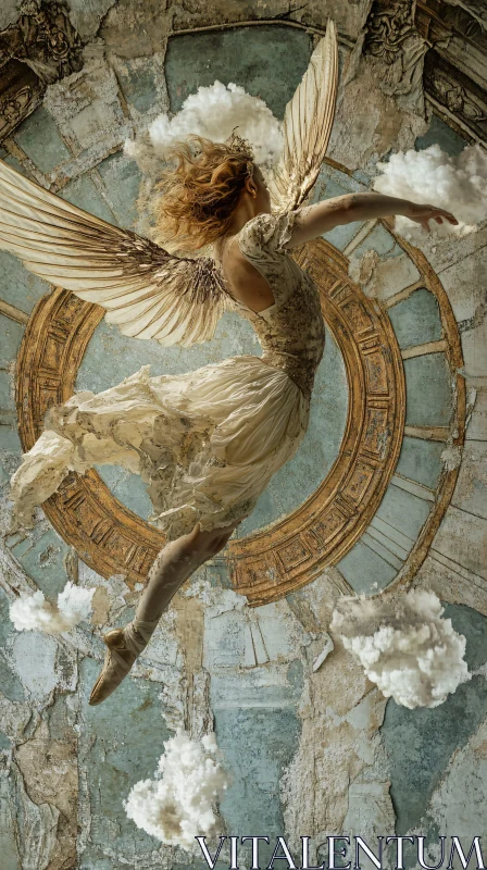 AI ART Ethereal Angel in Flight with Clock