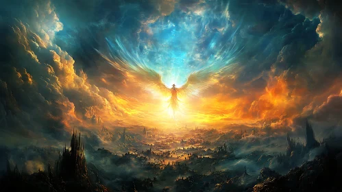 Heavenly Angel Overlooking Fantasy City