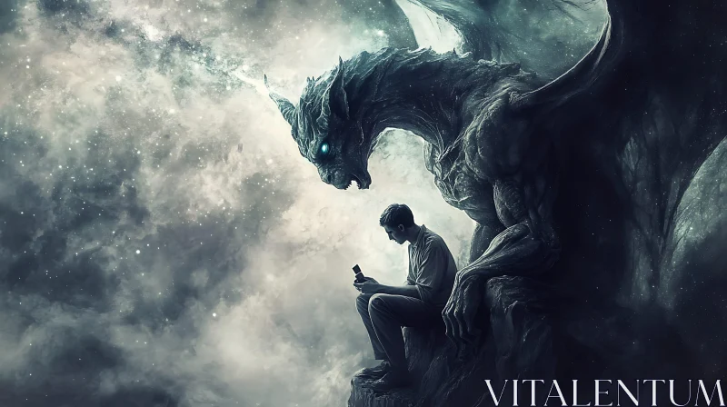 AI ART Fantasy Scene: Man and Dragon