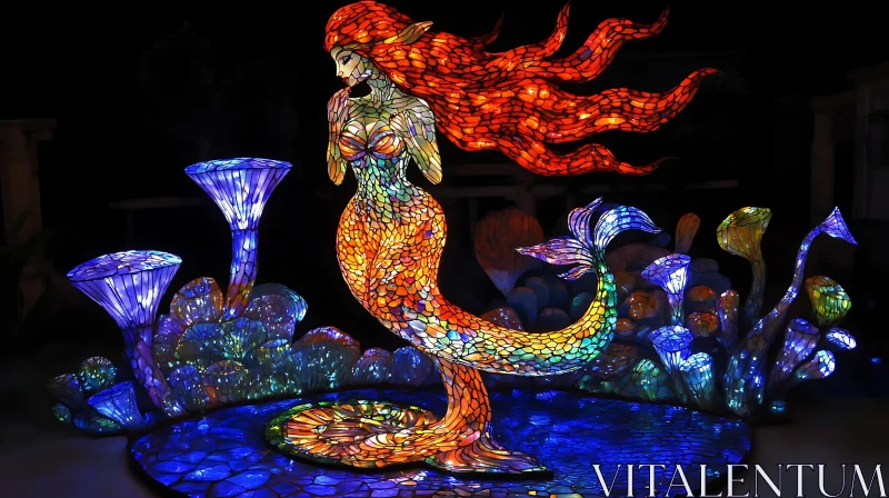 Vibrant Underwater Stained Glass Art with Mermaid AI Image