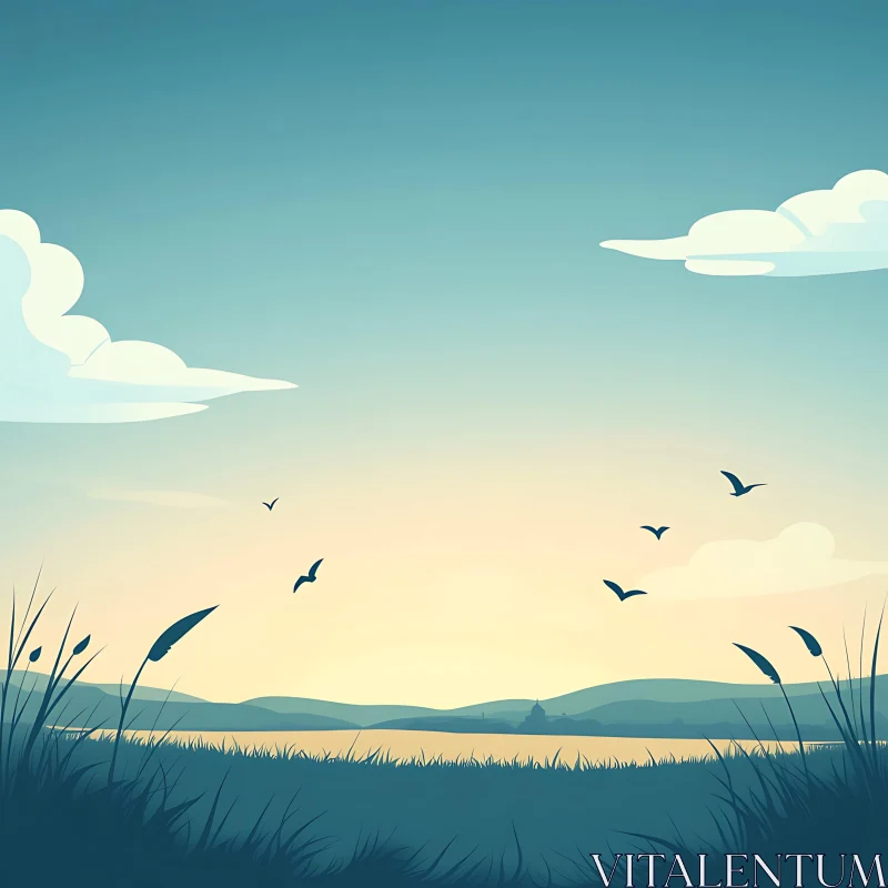 Tranquil Evening Scene with Flying Birds AI Image