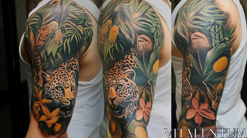 Detailed Leopard and Jungle Themed Sleeve Tattoo AI Image