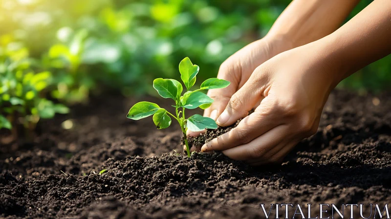 Hands Planting Seedling in Soil AI Image