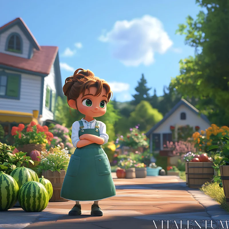 Cartoon Girl in Summer Garden AI Image