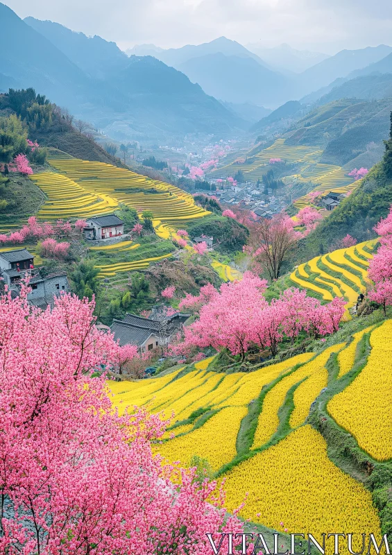 Pink Blossoms Overlook Yellow Terraces AI Image