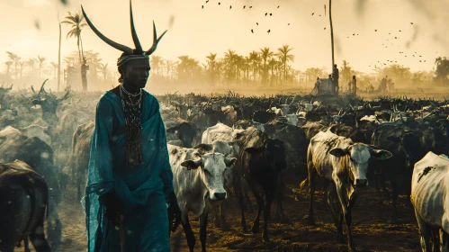 African Cattle Herd with Tribal Man