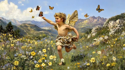 Winged Child in Floral Meadow