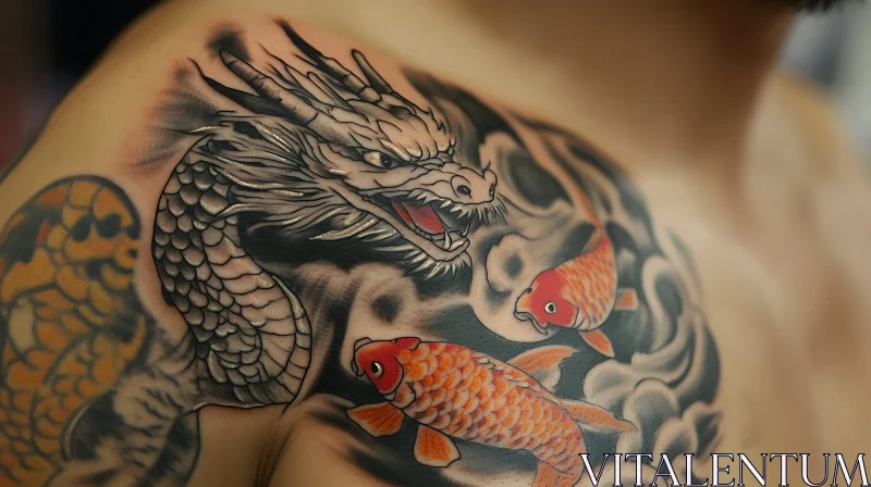 Intricate Chest Tattoo with Dragon and Koi Fish AI Image