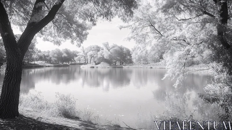 AI ART Peaceful Lakeside Scenery in Monochrome