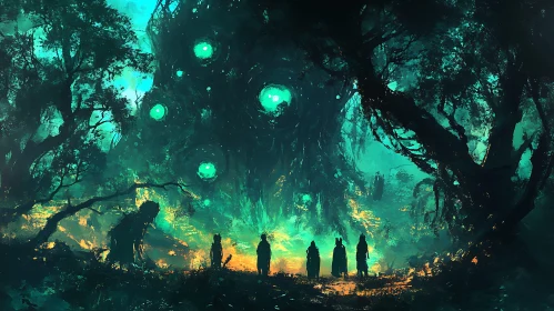 Figures in Ethereal Forest with Orbs