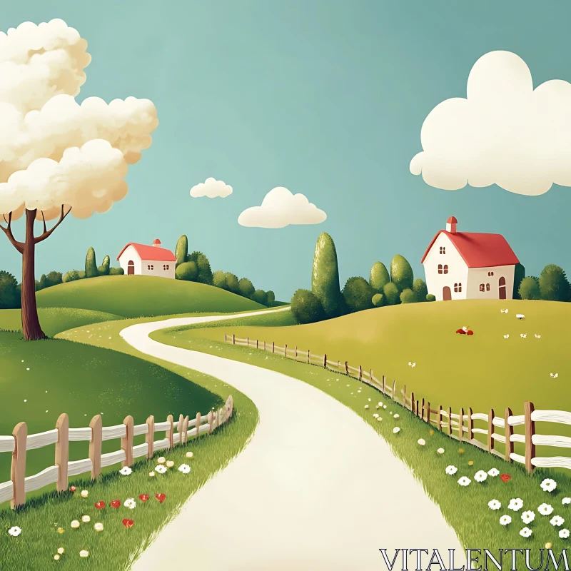 Cartoon Farm Landscape with Green Fields AI Image