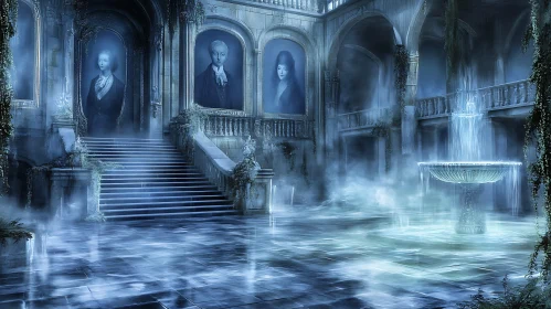 Misty Blue Hall with Portraits