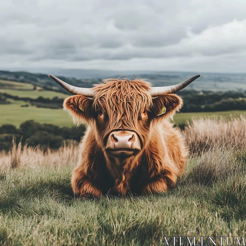 Resting Highland Cow in Natural Habitat AI Image