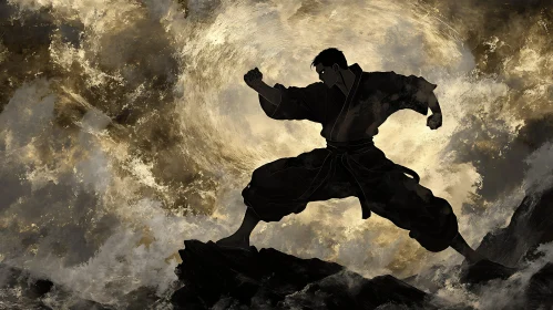 Martial Arts Fighter Silhouette on Cliff