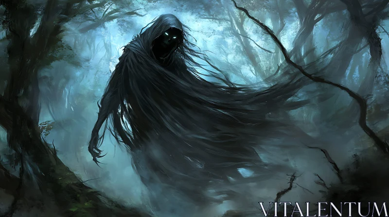 AI ART Cloaked Figure in Misty Forest