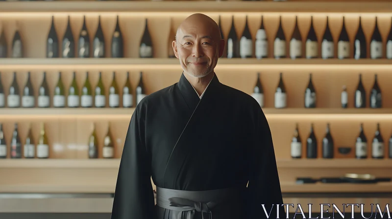 Smiling Man in Traditional Dress with Wine Bottles AI Image