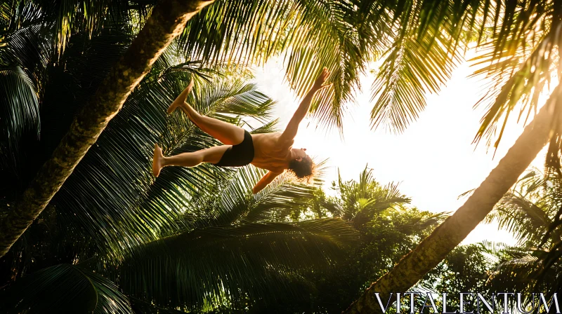 Floating Man Under Palm Canopy AI Image