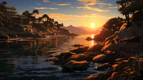 Animated Sunset Over Lake: A Lively Coastal Landscape