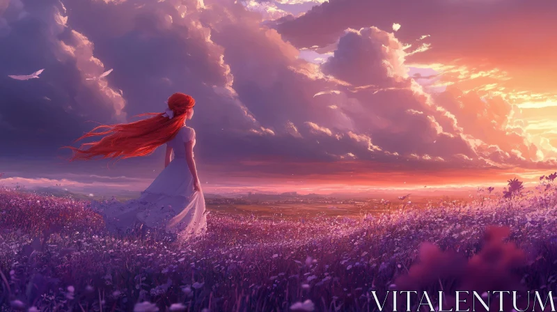 Dreamy Sunset Scene with Woman and Flowers AI Image