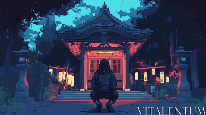 Nighttime Contemplation at Japanese Shrine AI Image