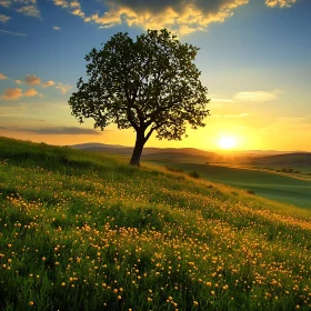 Golden Field Sunset with Tree Silhouette