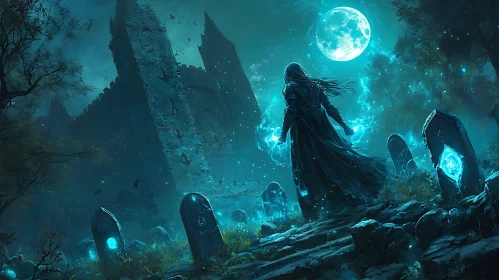 Moonlit Graveyard with Magical Presence