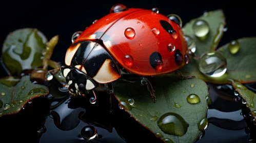 Captivating Ladybug with Water Droplets on Black Background