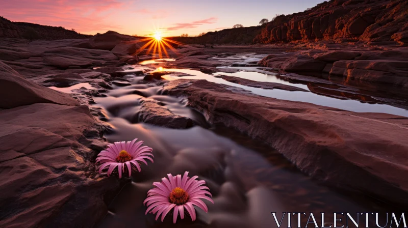 Captivating Pink Flower in a Tranquil Stream | Dramatic Landscapes AI Image