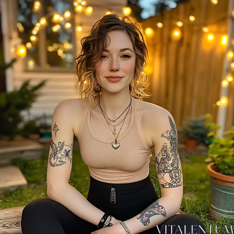 Outdoor Portrait of a Tattooed Woman with Jewelry AI Image