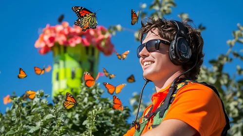 Joyful Man with Butterflies