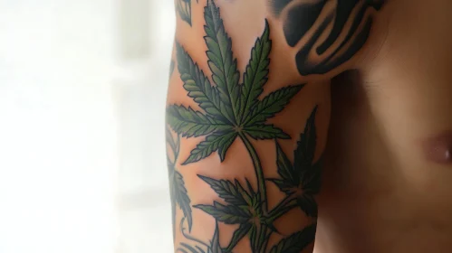 Detailed Arm Tattoo of Cannabis Leaves