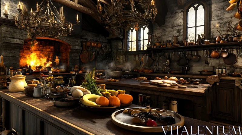 AI ART Vintage Kitchen with Food and Fireplace