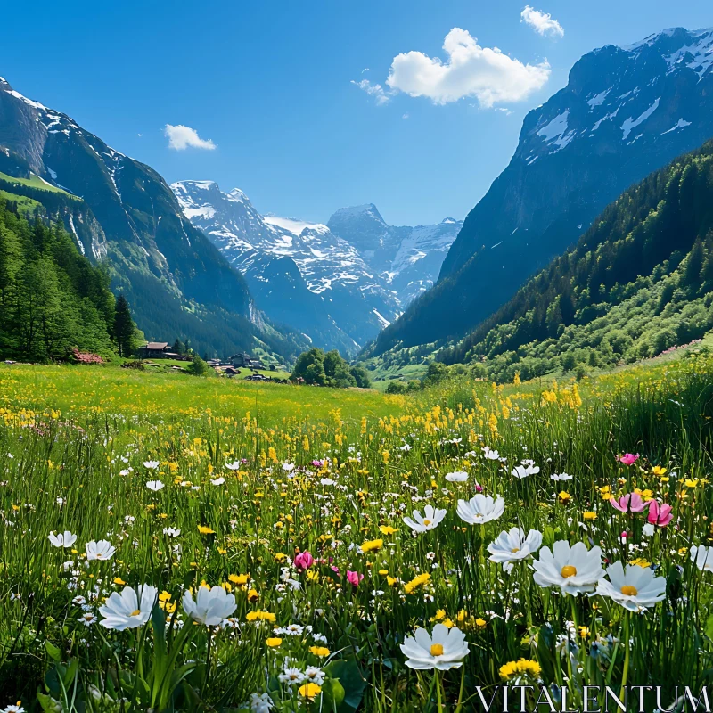 AI ART Alpine Meadow and Snow-Capped Mountains