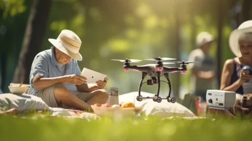 Elderly Man with Drone: A Fusion of Past and Future