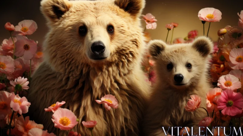 Enchanting Floral Bear Portraits - Mother and Cub Amidst Flowers AI Image