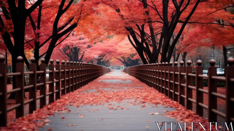 Fantastical Autumn Street Scene with Red Maple Leaf-Lined Bridge AI Image