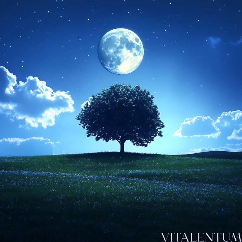 AI ART Solitary Tree Under the Moon