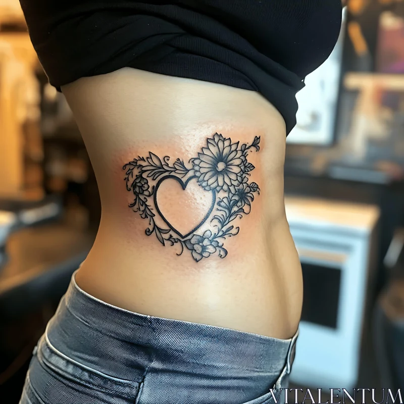 Intricate Floral Heart Tattoo on Rib AI Image