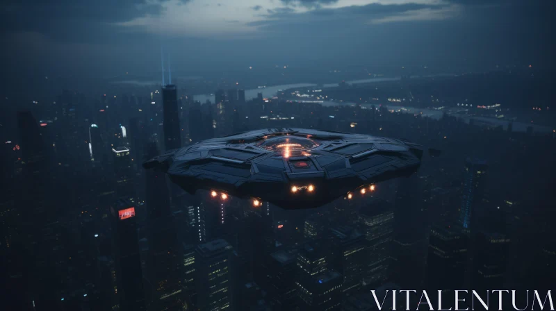 Futuristic Spaceship over Cityscape at Dusk AI Image