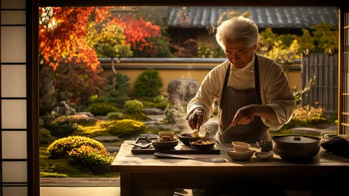 Culinary Artistry: Chef in Tranquil Garden Kitchen