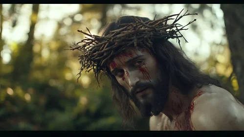 Sorrowful Man Portrait with Crown of Thorns