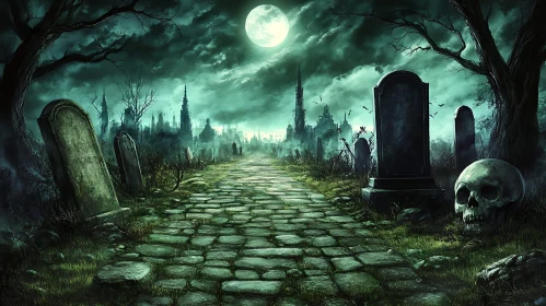 Moonlit Graveyard with Skull and Tombstones