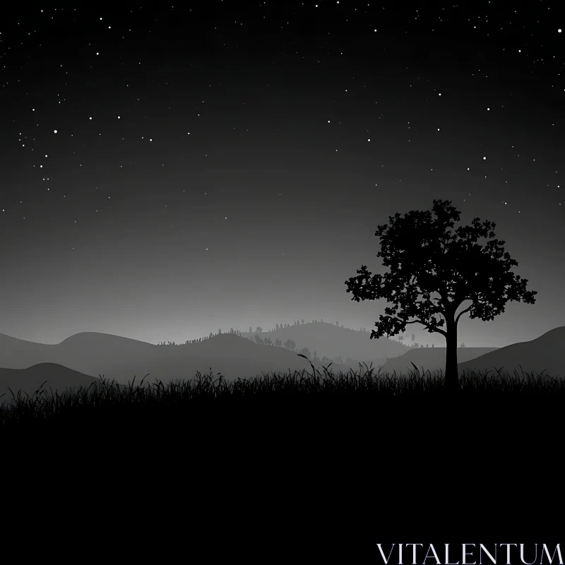 Monochrome Starry Night Tree Silhouette AI Image