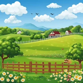 Cartoon Landscape with Houses and Meadow