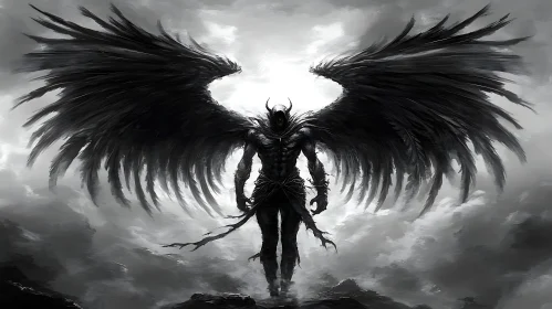 Monochrome Demon with Horns and Wings