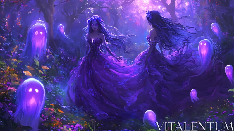 AI ART Mystical Purple Forest with Ghostly Women