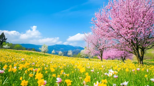 Pink Trees and Yellow Flower Meadow