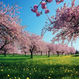 Pink Blossom Trees Meadow Landscape