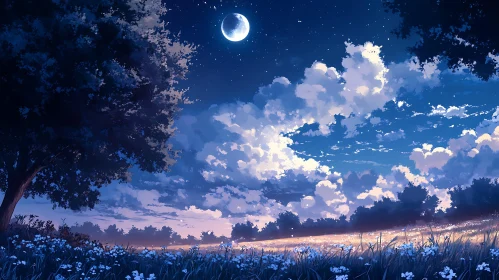 Moonlit Meadow at Night