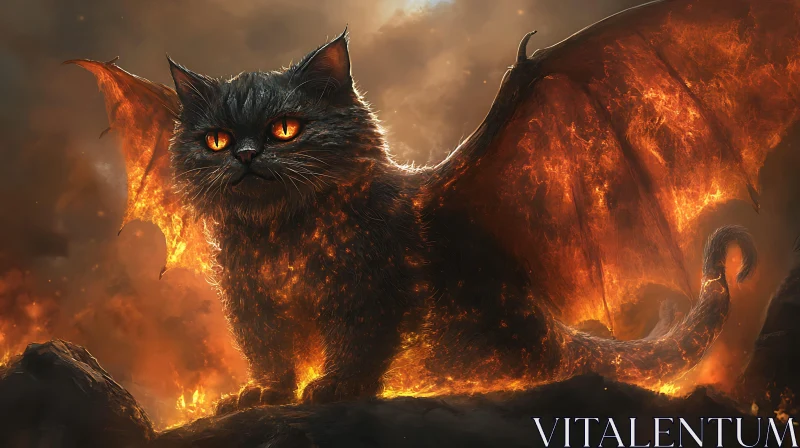 AI ART Infernal Cat with Fiery Wings